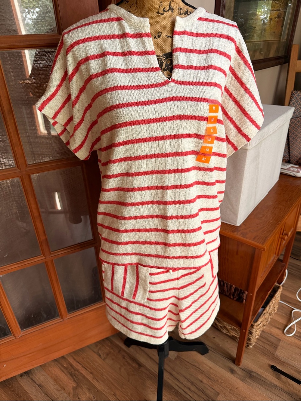 Striped Crewneck Sweater and Shorts in Red and Cream - Lightweight Knit